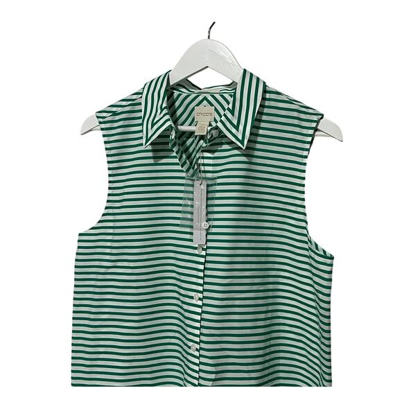 CHICOS TOP WOMENS 2 US 12/14 BUTTON UP TUNIC BLOUSE STRIPE GREEN OLD STOCK NWT - Picture 4 of 12